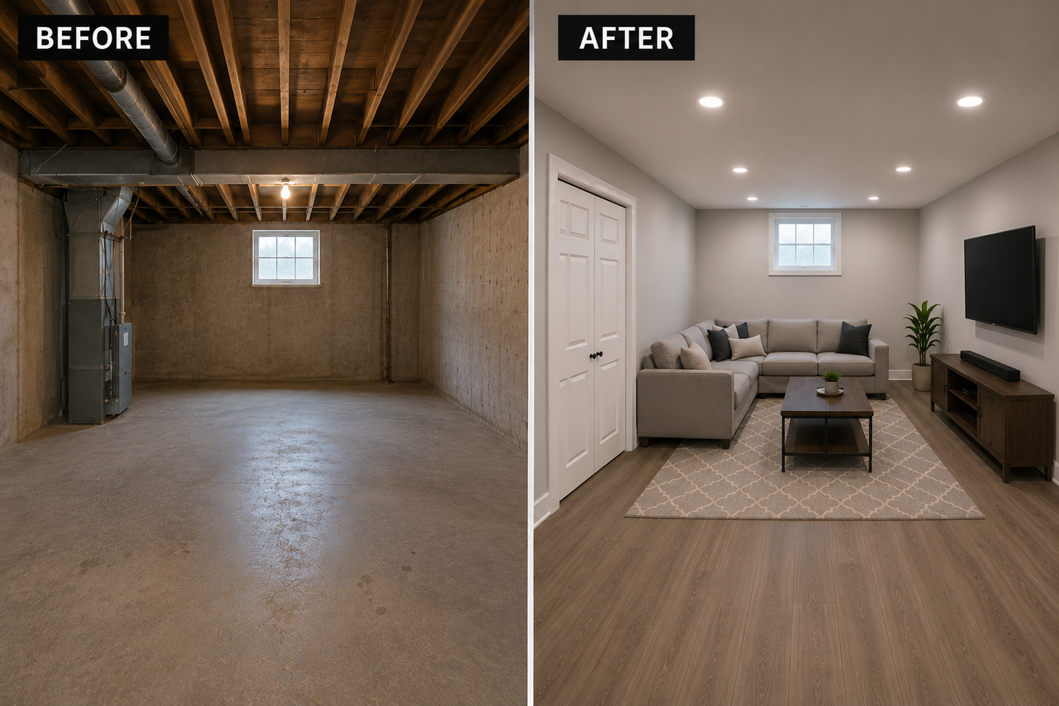 Before and after finished basement